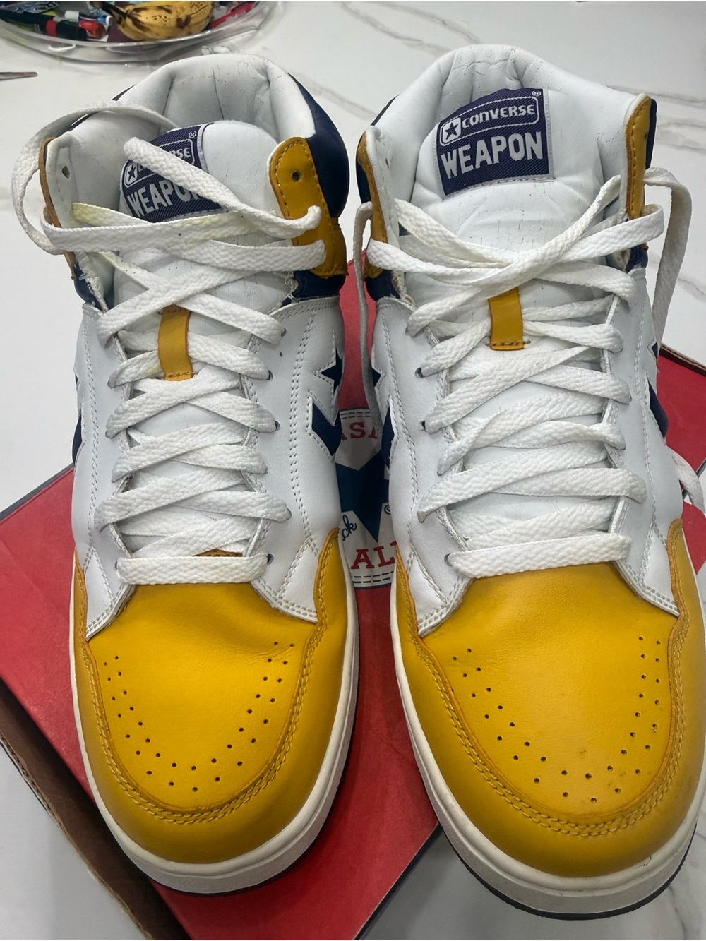 Converse Weapon Mid White and Yellow Leather Sneakers with purple accents